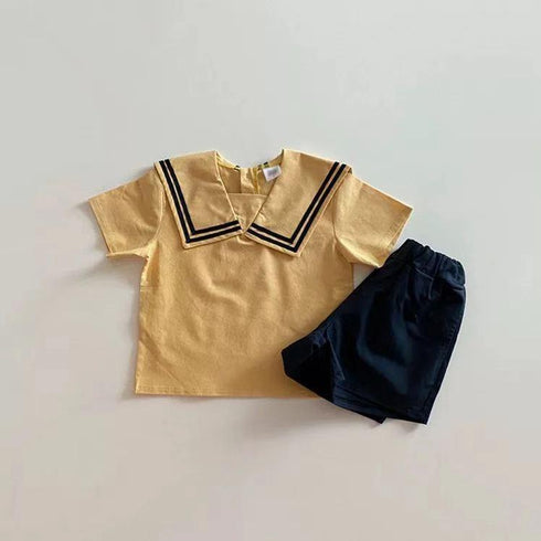 Color Blocking Suit Navy T-shirt Shorts Two Piece Set