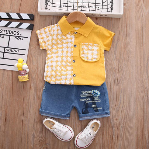 Children's Patchwork Shirt Shorts Two-piece Set