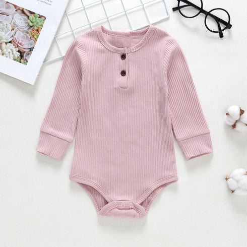 Ribbed Solid Front Button Long-sleeve Baby Romper