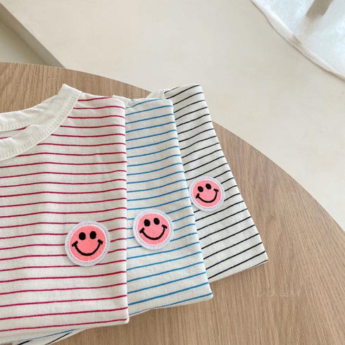 Striped Smiling Face Short Sleeved Shorts Set