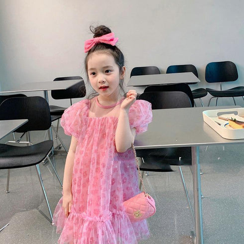 Girls' Short Sleeved Floral Mesh Dress