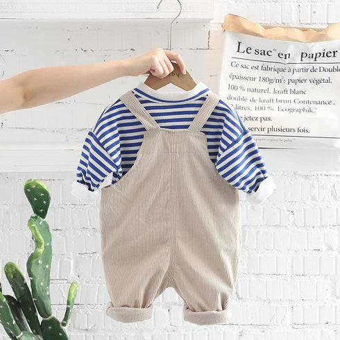 Casual Suspenders Two-piece Set Boy's Lapel Stripe Long Sleeve Suit