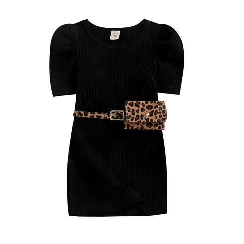 Summer children's solid color dress leopard print waist bag
