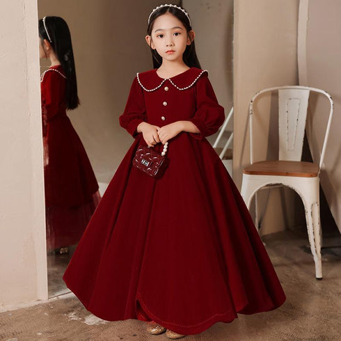 New Year's Christmas Dress Birthday Red Long Sleeve Velvet Princess Paggy Dress
