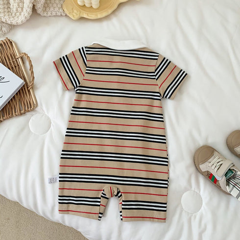 Vintage striped one-piece dress lapel Polo shirt baby handsome creeping suit