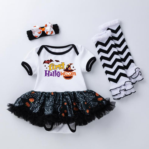 Halloween Baby Dress Printed Net Sand Dress, Exotic Cute Short Sleeved Dress And Socks Set