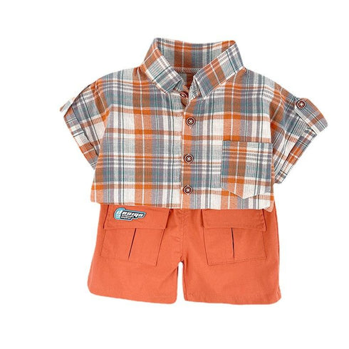Children's Suit Plaid Shirt Short Sleeve Summer Two-Piece Set