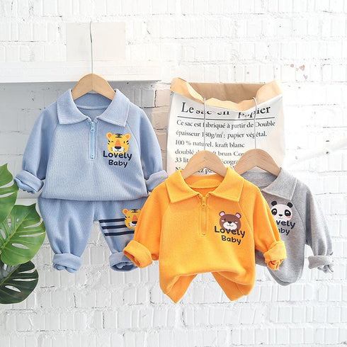 Lapel vests long sleeve suit boy baby cartoon animal half zipper two-piece set