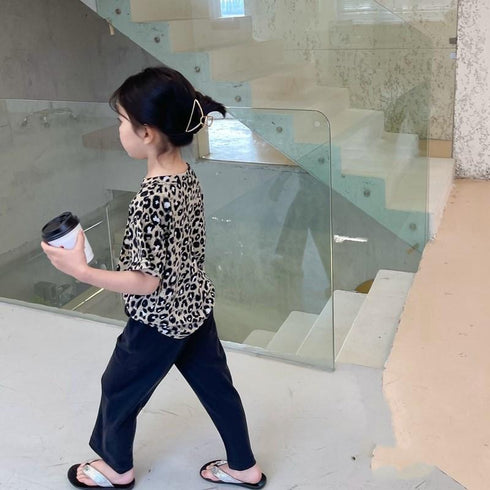 Girls Summer Leopard-Print Short-Sleeve Pants Set