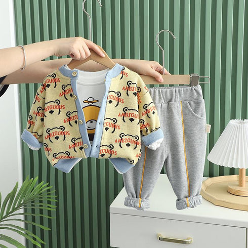Casual Full Print Cardigan Three Piece Set Male Baby Round Neck Sweater Long Sleeve Set