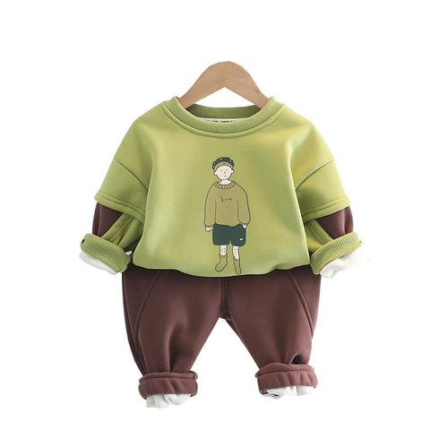 Autumn and winter boys plus velvet sports sweater suit