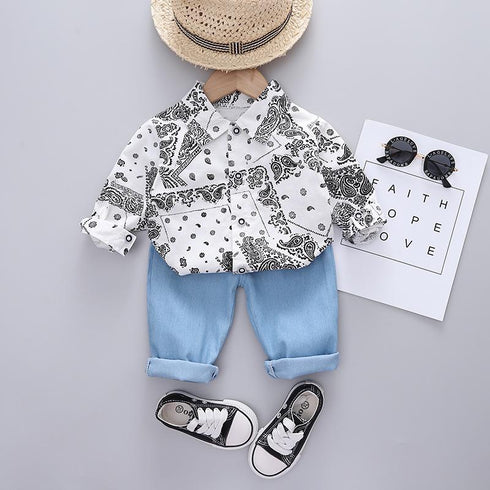 Boy's Spring and Autumn Casual Shirt Two-Piece Set