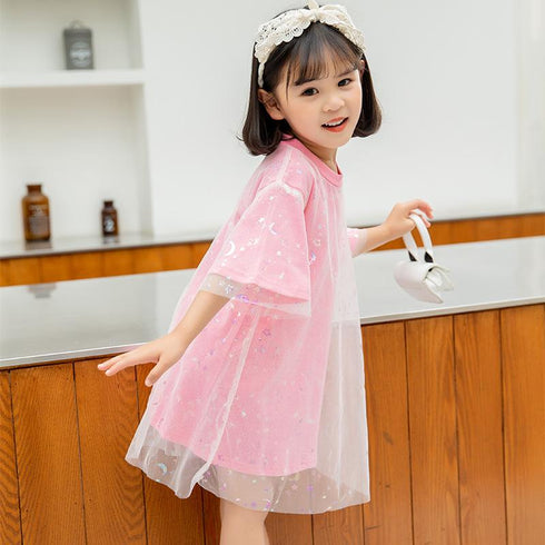 Round Neck Short Sleeve Shiny Mesh Princess Skirt
