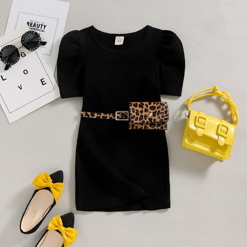 Summer children's solid color dress leopard print waist bag
