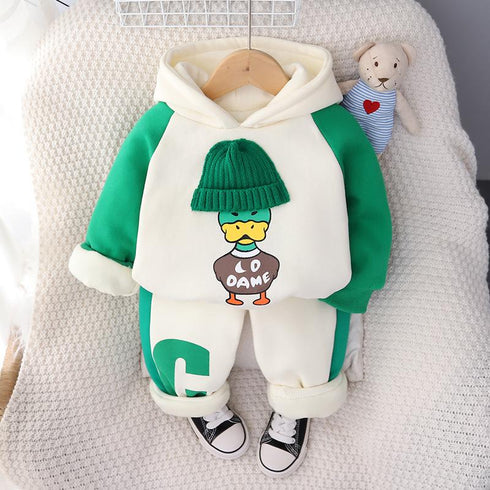 Winter cartoon children plus velvet padded hooded long sleeve pants two-piece set