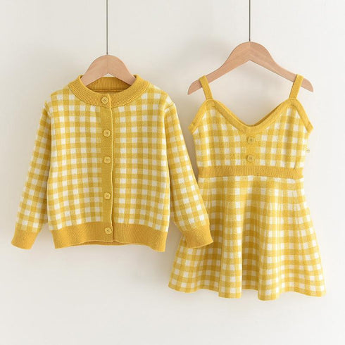Girl's Knit Plaid Skirt Cardigan Set