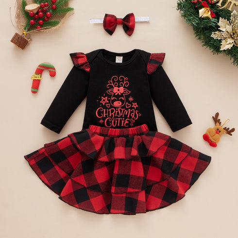 Christmas Elk Plaid Skirt Hair band Three-Piece Set