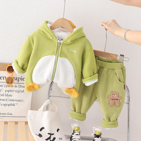 Autumn and winter children plus velvet hooded suit two-piece set