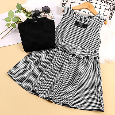 Girl, long-sleeved knitwear houndstooth vest skirt two-piece set