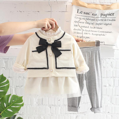 Casual Small Fragrance Long Sleeve Suit, Baby Girl's Splicing Long Skirt And Bottoms, Three Piece Set