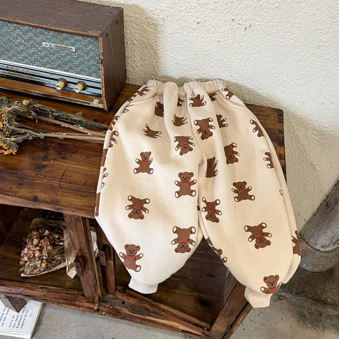 Children plus velvet sports pants fleece casual pants bear printed baby pants