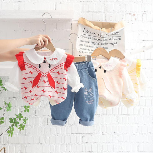 Cute Little Rabbit Sweater Vest Three Piece Set Baby Girl Lapel Shirt Long Sleeve Set