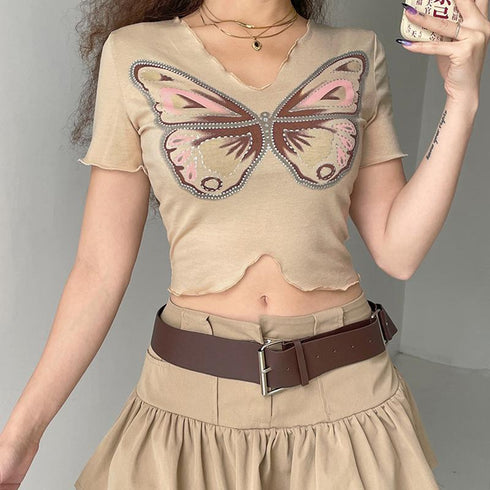 V-neck Butterfly Print T-shirt