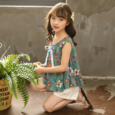 Girls Summer Broken Flower Bow Cotton Linen Vest Solid Color Shorts Two-piece Set