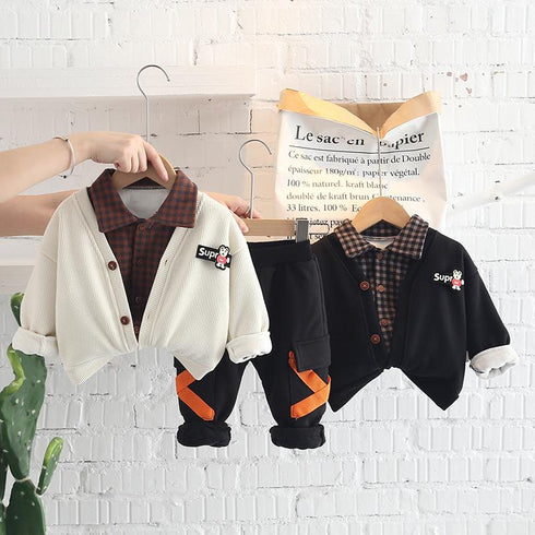 Autumn and winter boys plus velvet long sleeve suit set of three