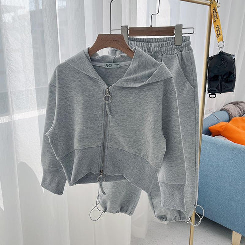 Girls Spring And Autumn Hooded Cardigan Sweater Suit