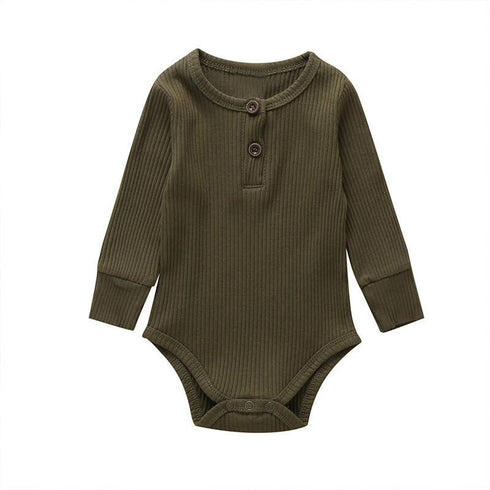 Ribbed Solid Front Button Long-sleeve Baby Romper
