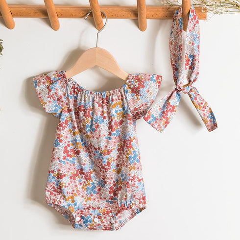 Baby Fly SLEEVE BODYSUIT Thin Newborn Floral Cotton Hair Accessories Set