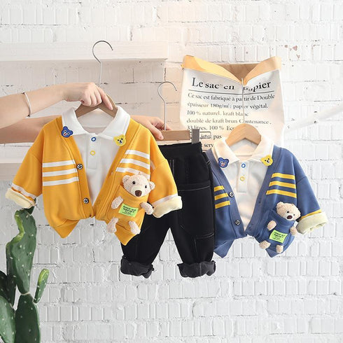 Autumn and winter boys plus velvet long sleeve three-piece set