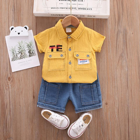 Children's Letter Pocket Shirt Jeans Set