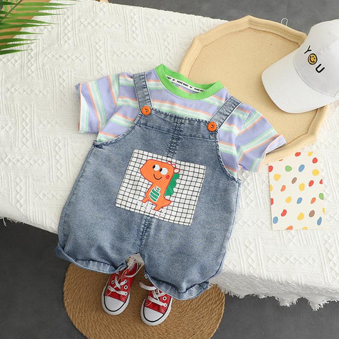 Cartoon Cowboy Suspenders Two-piece Baby Round Neck Striped Short Sleeve Suit