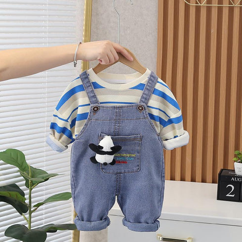 Boys' Casual Jeans Suspenders Two-piece Set Boys' Round Neck Sweater Long Sleeve Set