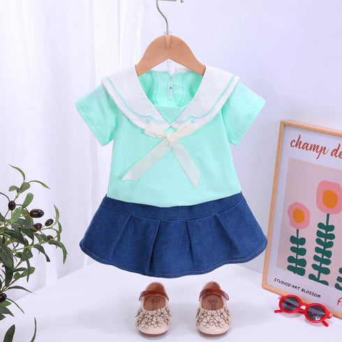 Lapel Short Sleeve Suit Casual Denim Skirt Two Piece Set
