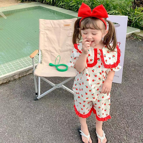 Little Floral Lapel Cardigan Pajamas For Girls Summer