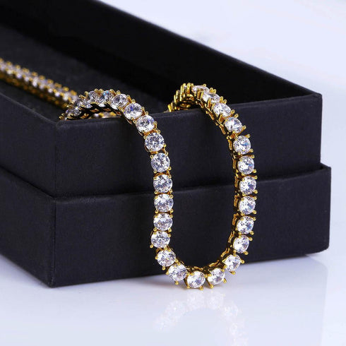 Real Gold Plated Zircon Single Row 4mm Necklace Hip Hop Jewelry