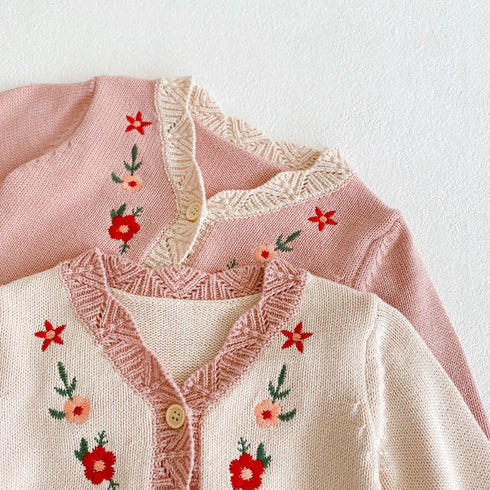 Flower Embroidered Knitted Sweater Cardigan Long Sleeve Top