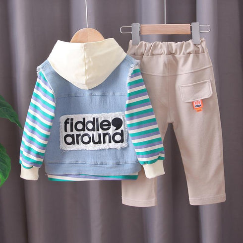 Three-piece set of denim waistcoat inside children's clothing stripes