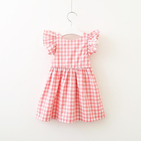 Summer New Girl's Back Bow Dress Backless Fly Sleeve Plaid Princess Dress