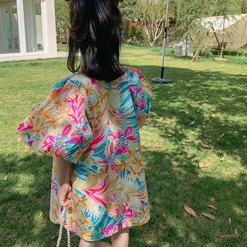 Summer Girl's Bubble Sleeve Flower Dress