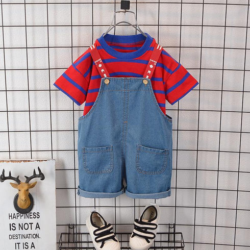 Boy's and girl's striped T-shirt short sleeve denim braces two-piece set