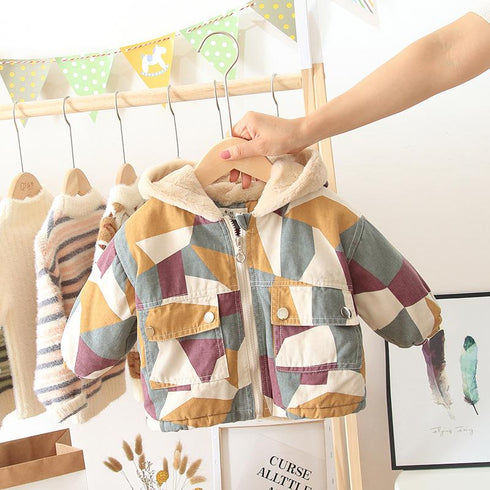 Winter boys plus velvet hooded cotton-padded jacket