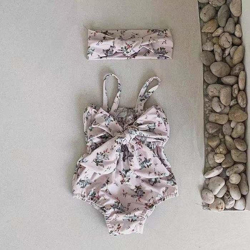 Simple Swimsuit Suit Broken Flower Color Matching Suspender Bow Wrap Fart Swimsuit