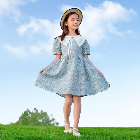 Cotton Floral Dress Children's Lace Collar Stitched Pastoral Princess Dress