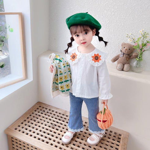 Flower Cardigan Three Piece Set Baby Girl Lapel Shirt Long Sleeve Set