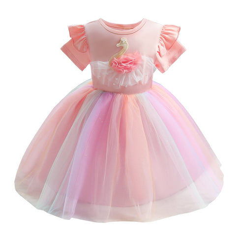 Girl's Dress Girl's Swan Rainbow Mesh Princess Dress