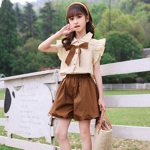 Summer Girls Bow Fly Sleeve Shirt Lantern Shorts Two Piece Set